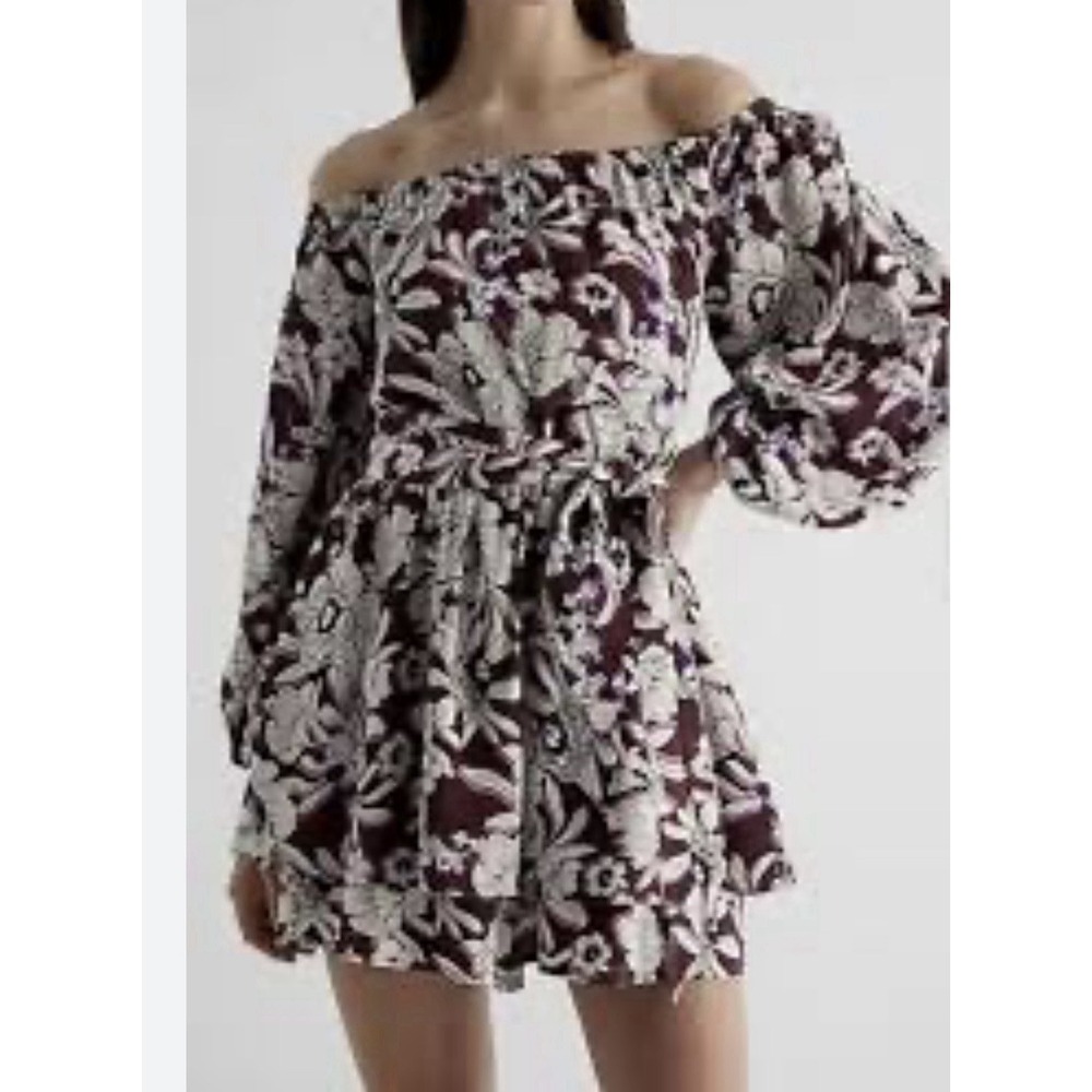 Express Women's Size M Floral Off The Shoulder Tie Waist Ruffle Romper, Multicol